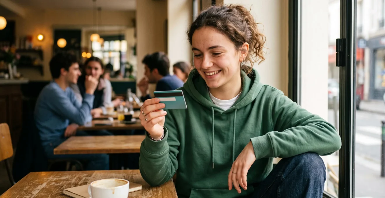 Un jeune adulte tient sa première carte bancaire dans ses mains avec un air satisfait dans un environnement moderne quotidien.