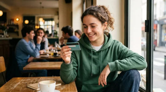 Un jeune adulte tient sa première carte bancaire dans ses mains avec un air satisfait dans un environnement moderne quotidien.