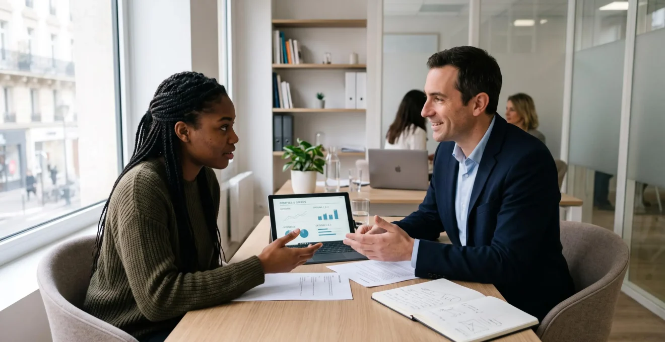 Un jeune adulte en consultation avec un conseiller bancaire discutant des options de compte dans un environnement professionnel moderne.