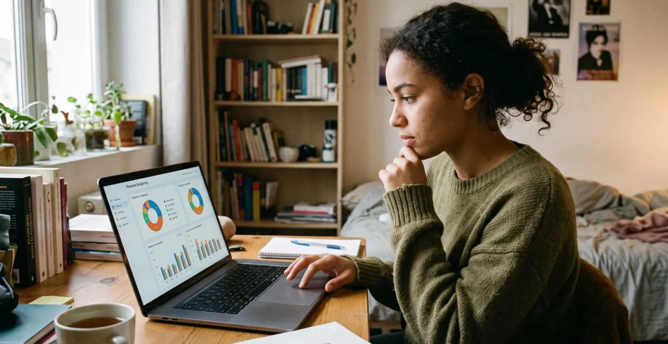 Un jeune adulte consulte des graphiques de budget et de catégorisation des dépenses sur son ordinateur portable dans son espace personnel.
