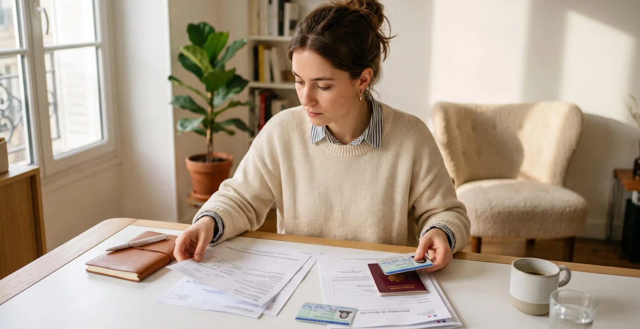 Jeune adulte organisant des documents administratifs sur un bureau pour préparer l'ouverture d'un compte bancaire
