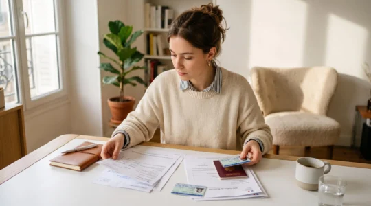 Jeune adulte organisant des documents administratifs sur un bureau pour préparer l'ouverture d'un compte bancaire